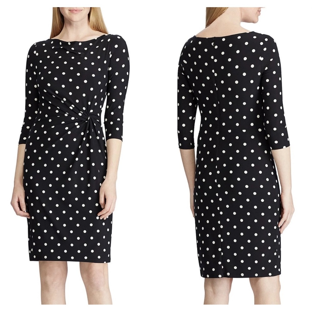 Lauren Ralph Lauren Black White Polka Dot Sheath Dress 3/4 Sleeve Career
